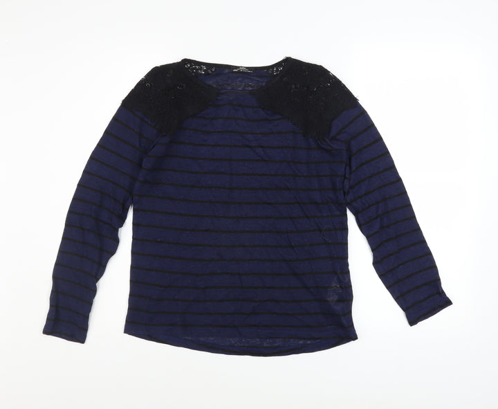 Zara Women Blue Striped Lace Shoulder Long Sleeve Jumper Size S