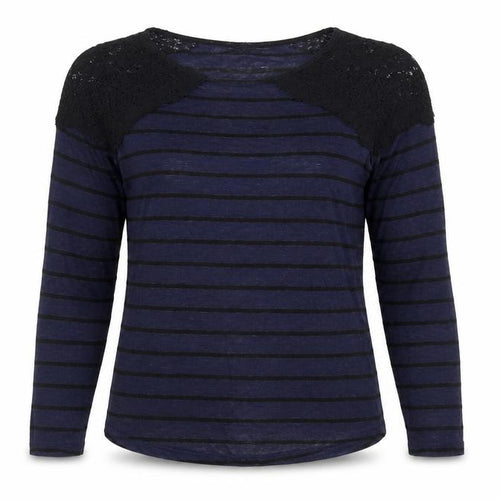Zara Women Blue Striped Lace Shoulder Long Sleeve Jumper Size S