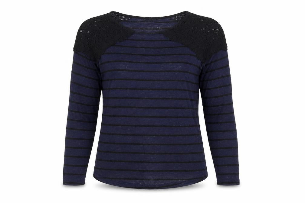Zara Women Blue Striped Lace Shoulder Long Sleeve Jumper Size S