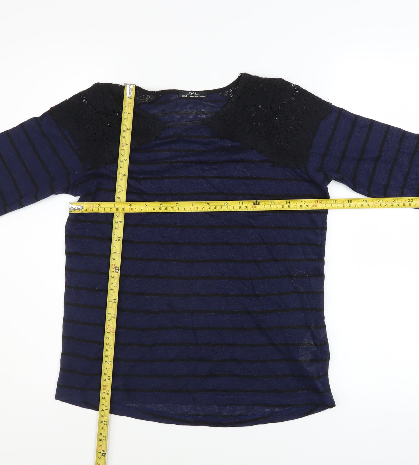 Zara Women Blue Striped Lace Shoulder Long Sleeve Jumper Size S