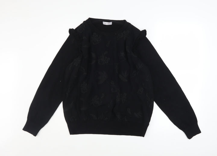 Marks and Spencer Women Black Embroidered Ruffle Jumper Size 14
