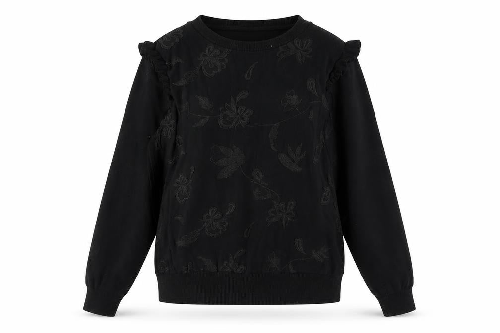 Front view of Marks & Spencer Women Black Embroidered Ruffle Jumper, size 14