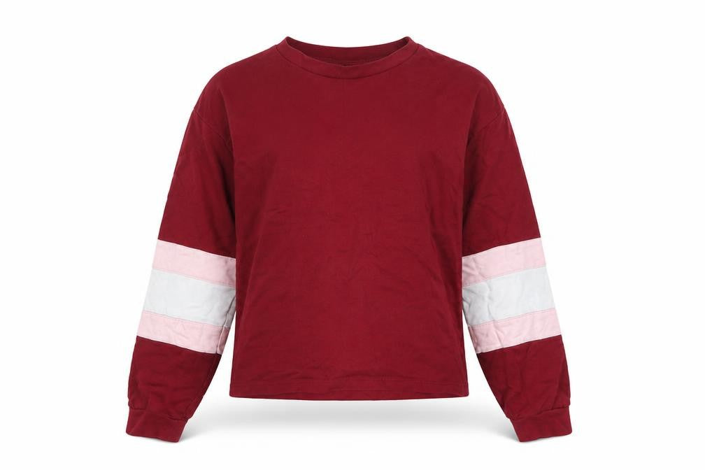 Front view of ASOS Women Burgundy Colourblock Long Sleeve Pullover Sweatshirt UK 8