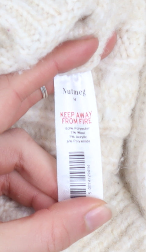 Nutmeg Women Ivory Roll Neck Cable-Knit Jumper Size 14