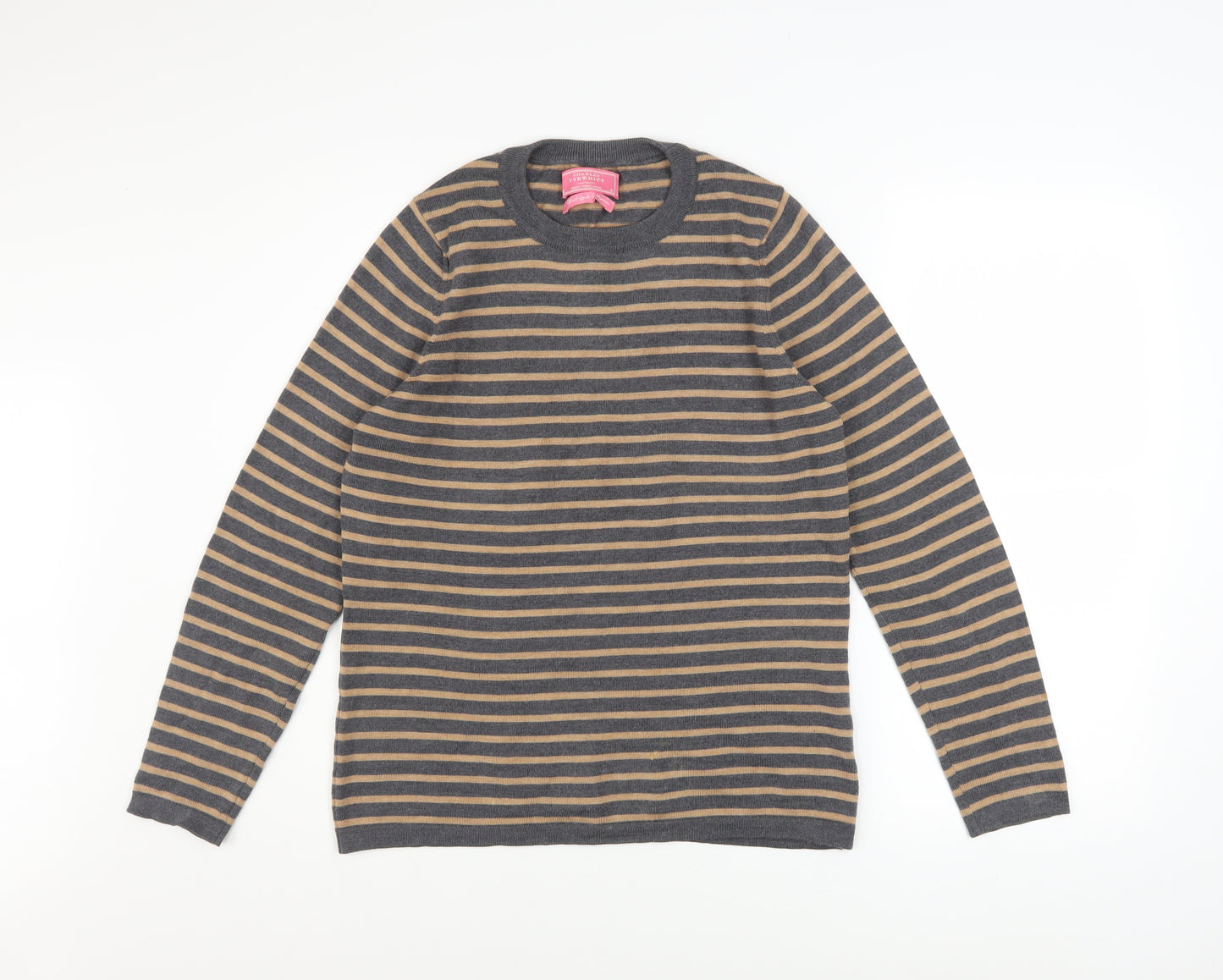Charles Tyrwhitt Men's Grey Stripe Merino Wool Crew Neck Jumper M