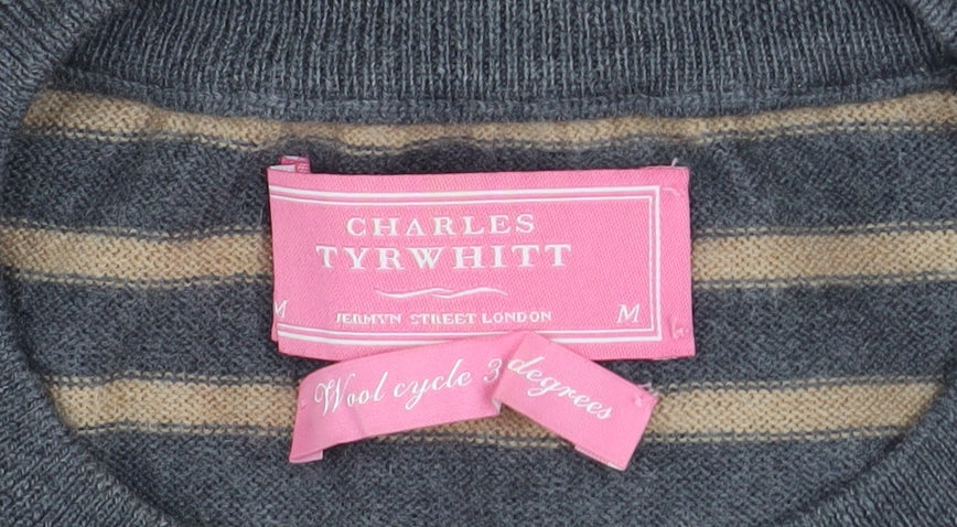 Charles Tyrwhitt Men's Grey Stripe Merino Wool Crew Neck Jumper M