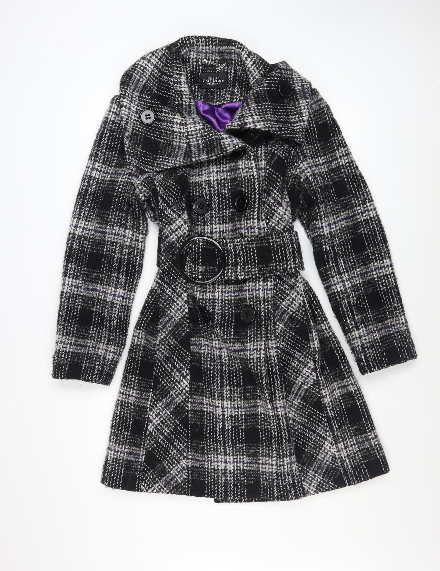 Debenhams Womens Black Checked Wool Blend Trench Coat Size 12 Petite