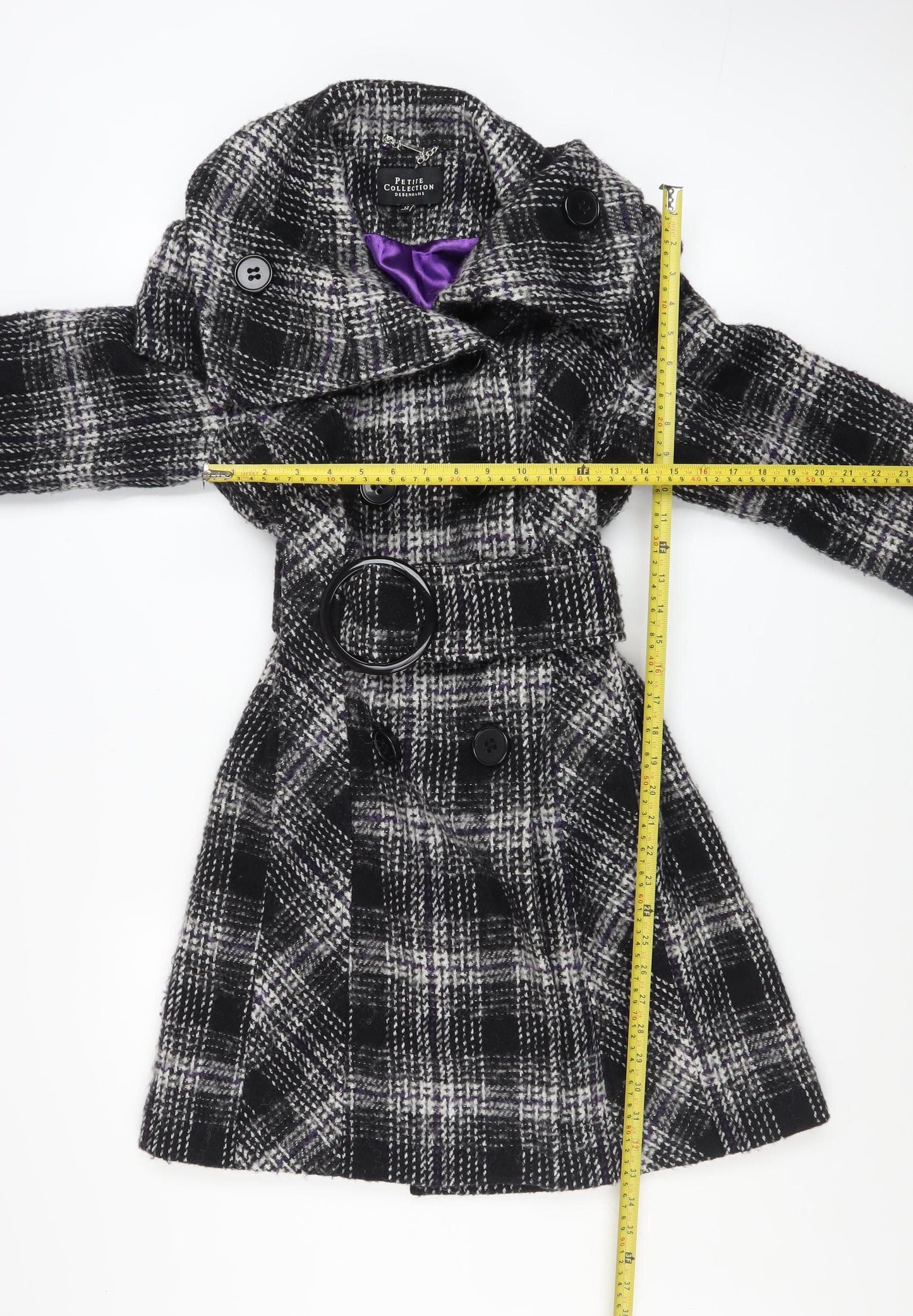 Debenhams Womens Black Checked Wool Blend Trench Coat Size 12 Petite