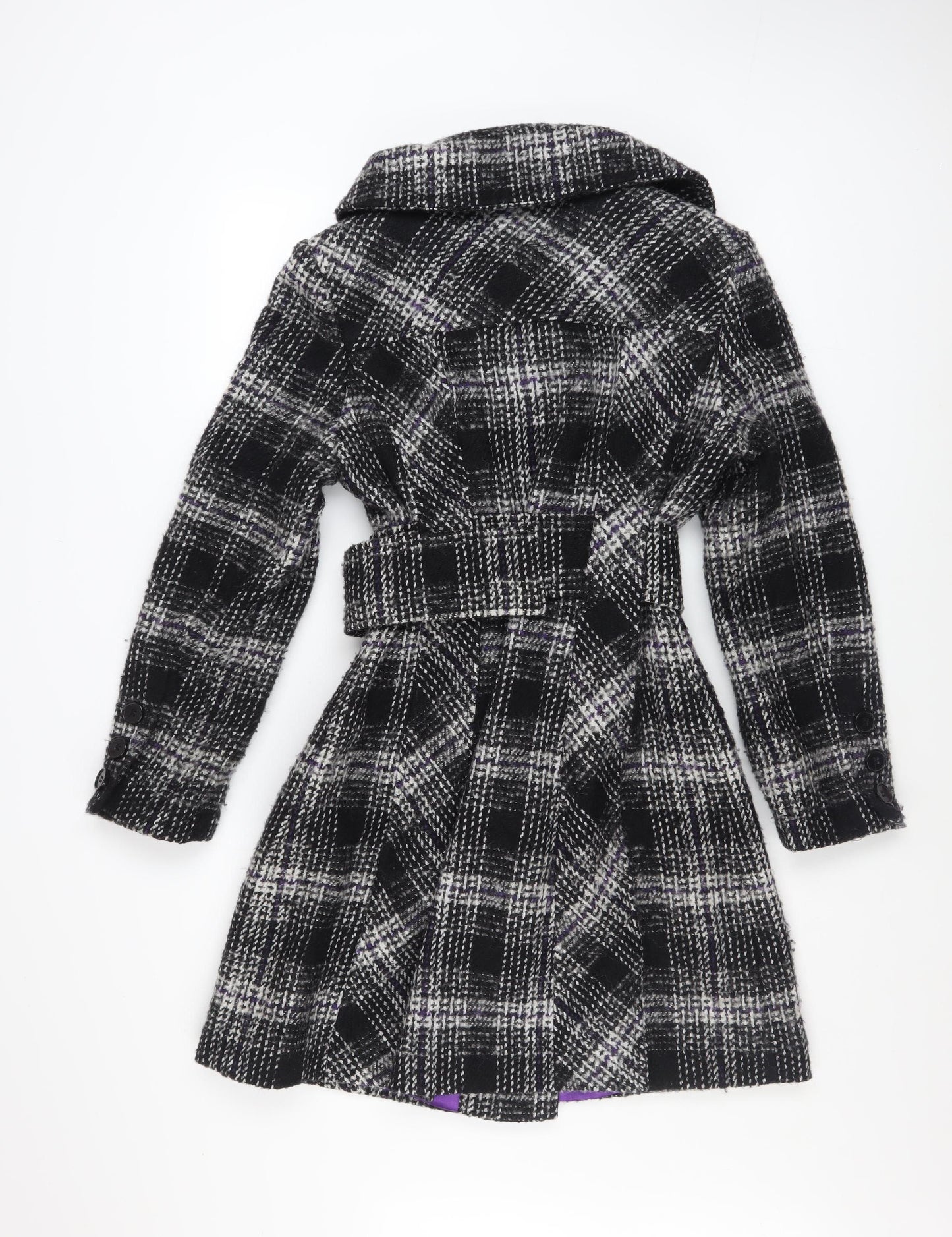 Debenhams Womens Black Checked Wool Blend Trench Coat Size 12 Petite