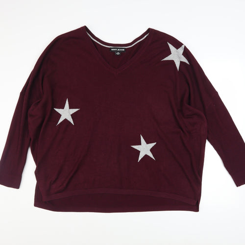 DKNY Jeans Womens Red Star Pattern V-Neck Relaxed Knit Jumper Size L