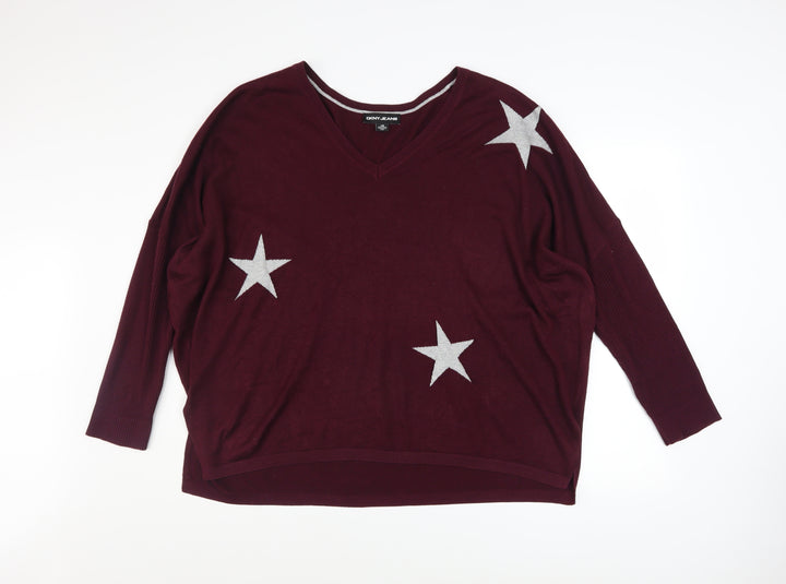 DKNY Jeans Womens Red Star Pattern V-Neck Relaxed Knit Jumper Size L