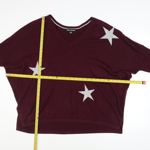 DKNY Jeans Womens Red Star Pattern V-Neck Relaxed Knit Jumper Size L
