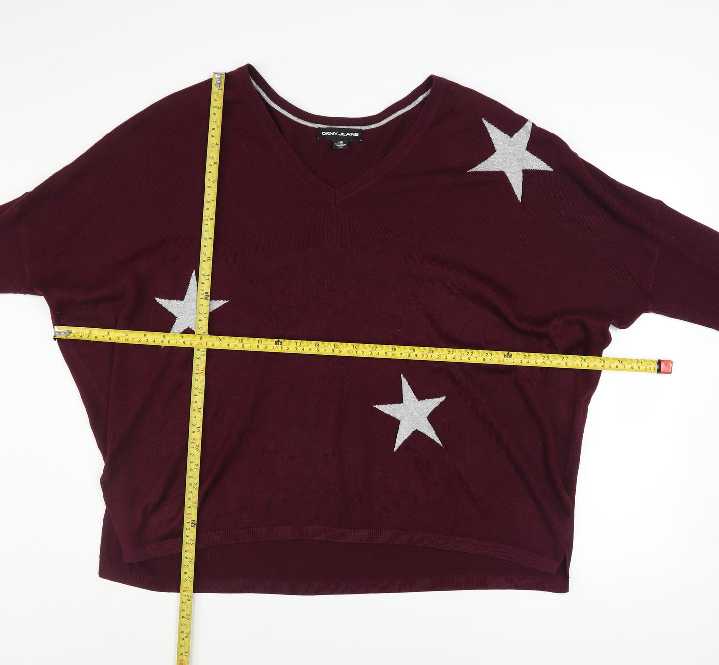 DKNY Jeans Womens Red Star Pattern V-Neck Relaxed Knit Jumper Size L
