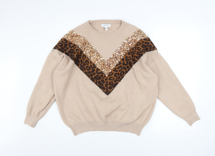 Wild Flower Women’s Beige Leopard Sequin Pullover Jumper M/L