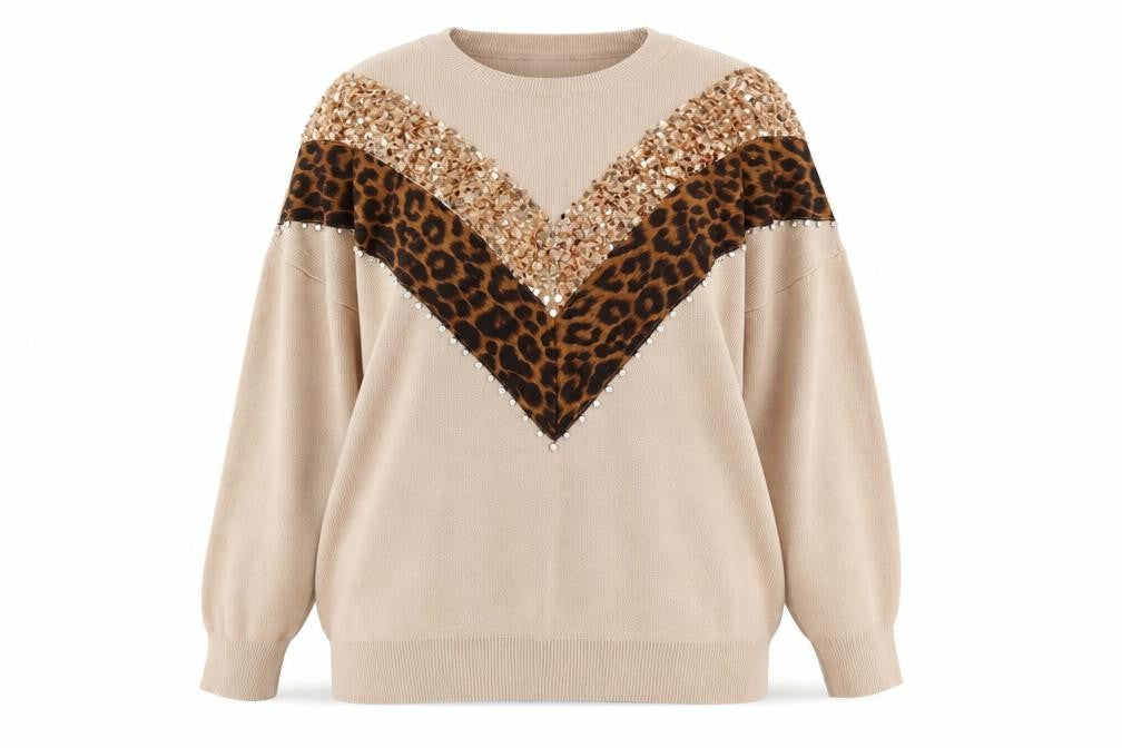 Front view of Wild Flower Women’s Beige Leopard Sequin jumper M/L