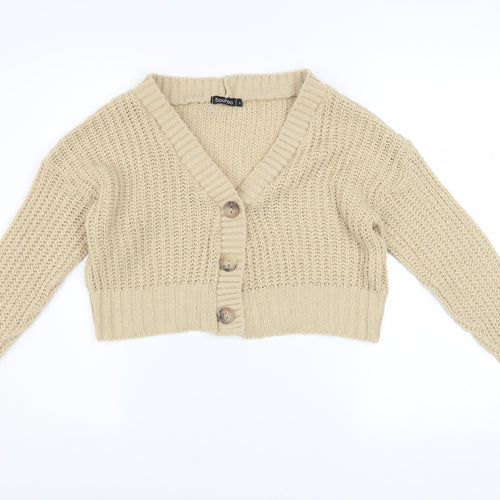 Boohoo Women Beige Chunky Knit V-Neck Cardigan Size S