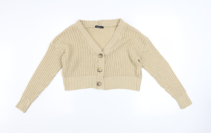 Boohoo Women Beige Chunky Knit V-Neck Cardigan Size S