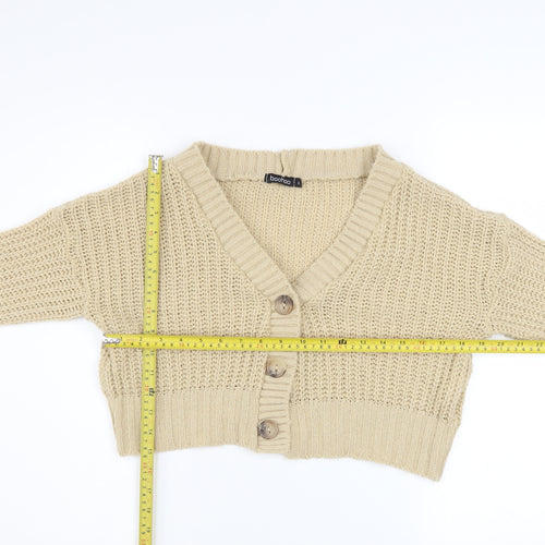 Boohoo Women Beige Chunky Knit V-Neck Cardigan Size S