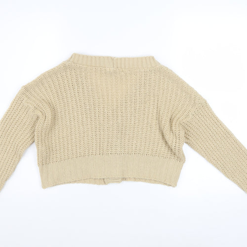 Boohoo Women Beige Chunky Knit V-Neck Cardigan Size S