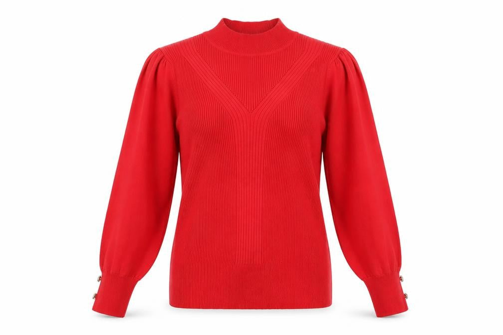 Front view of River Island Women's Red High Neck Puff Sleeve Jumper, size 16