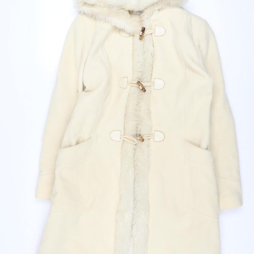 LOOK Women Ivory Wool Blend Faux Fur Trim Hooded Duffle Coat Size 14