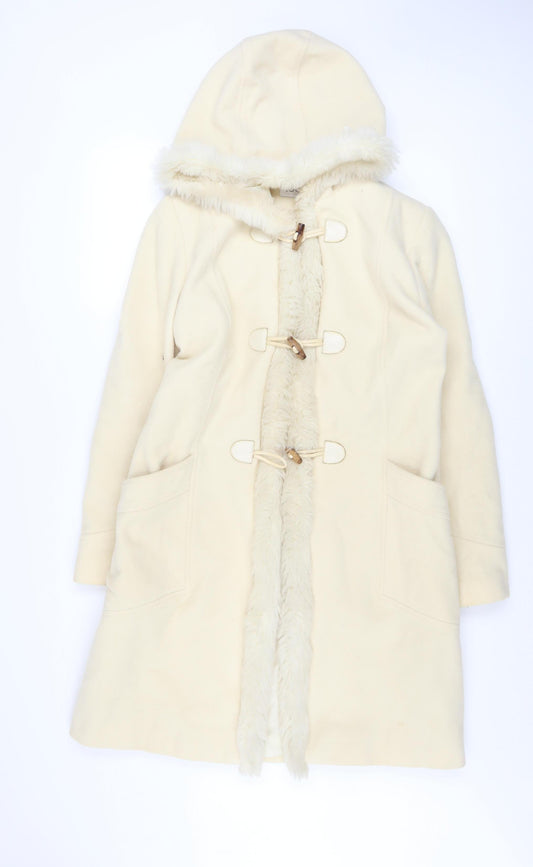 LOOK Women Ivory Wool Blend Faux Fur Trim Hooded Duffle Coat Size 14