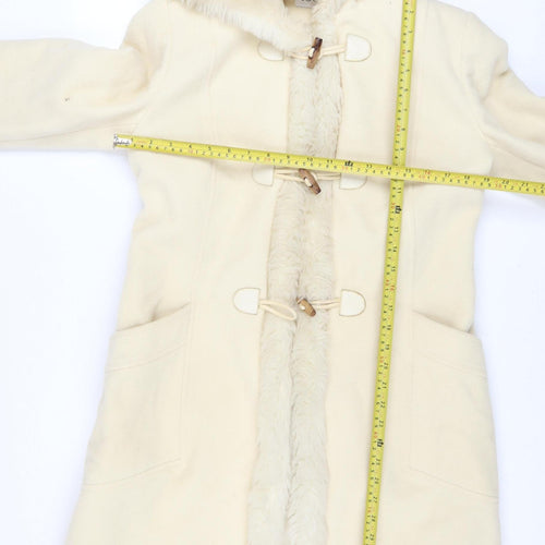LOOK Women Ivory Wool Blend Faux Fur Trim Hooded Duffle Coat Size 14