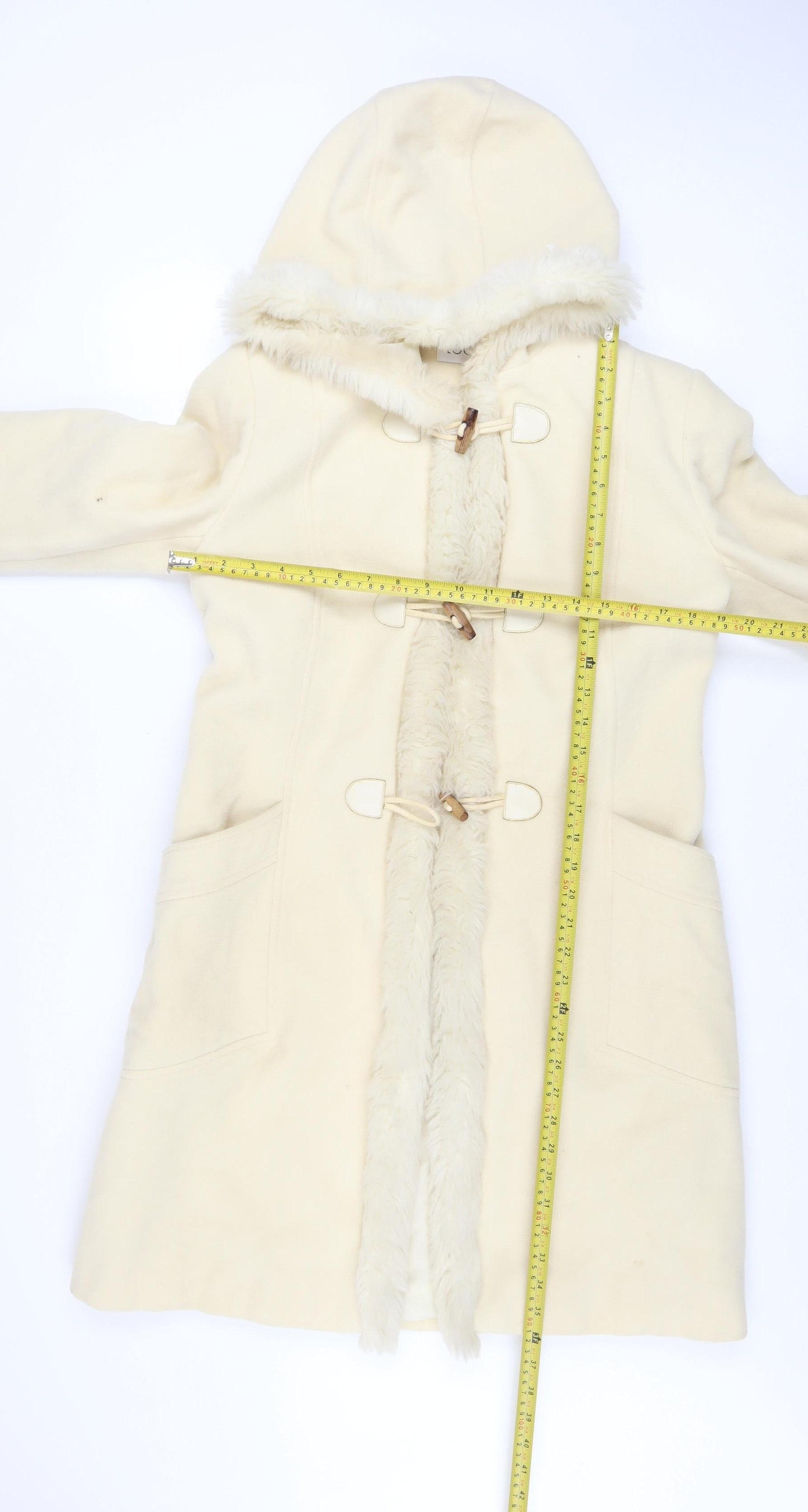LOOK Women Ivory Wool Blend Faux Fur Trim Hooded Duffle Coat Size 14