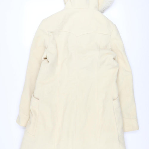 LOOK Women Ivory Wool Blend Faux Fur Trim Hooded Duffle Coat Size 14
