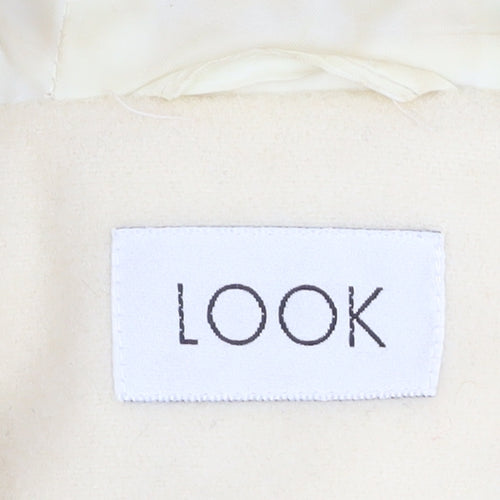LOOK Women Ivory Wool Blend Faux Fur Trim Hooded Duffle Coat Size 14