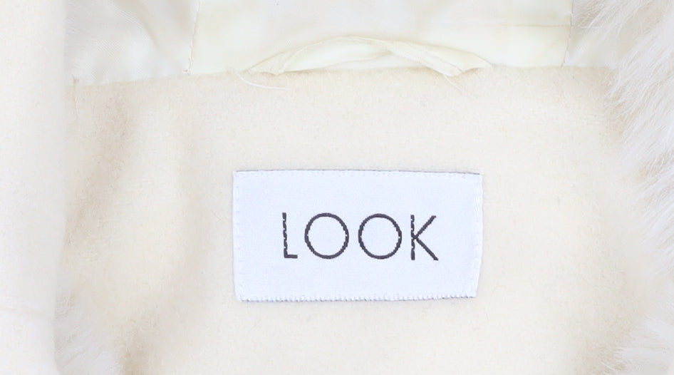 LOOK Women Ivory Wool Blend Faux Fur Trim Hooded Duffle Coat Size 14