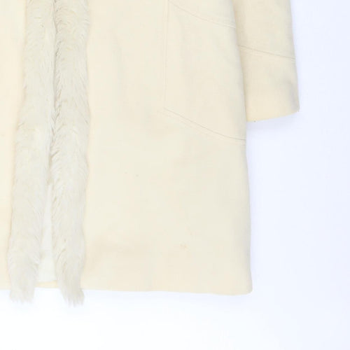 LOOK Women Ivory Wool Blend Faux Fur Trim Hooded Duffle Coat Size 14