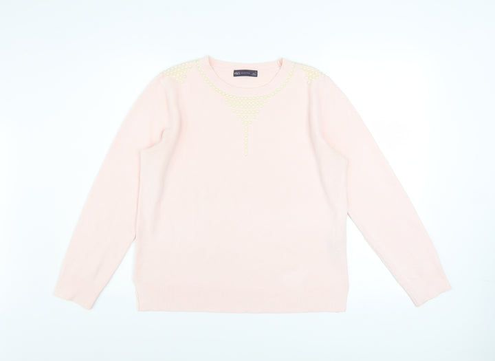 Marks and Spencer Women's Pink Beaded Crew Neck Jumper Size 14