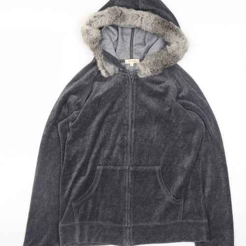 HushHush Women Grey Faux Fur Trim Full Zip Velour Hoodie Size 10