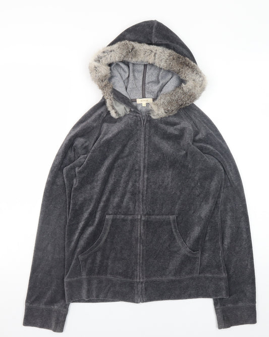 HushHush Women Grey Faux Fur Trim Full Zip Velour Hoodie Size 10