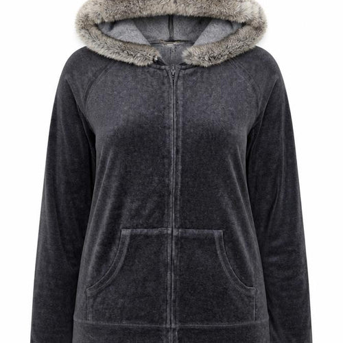 HushHush Women Grey Faux Fur Trim Full Zip Velour Hoodie Size 10