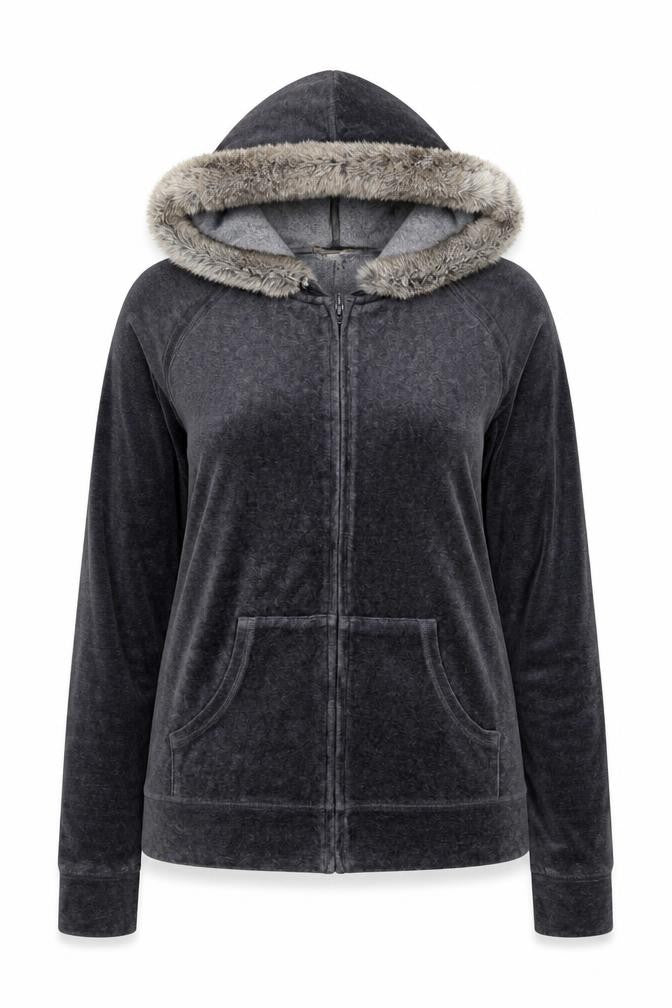 HushHush Women Grey Faux Fur Trim Full Zip Velour Hoodie Size 10