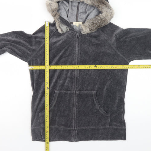 HushHush Women Grey Faux Fur Trim Full Zip Velour Hoodie Size 10