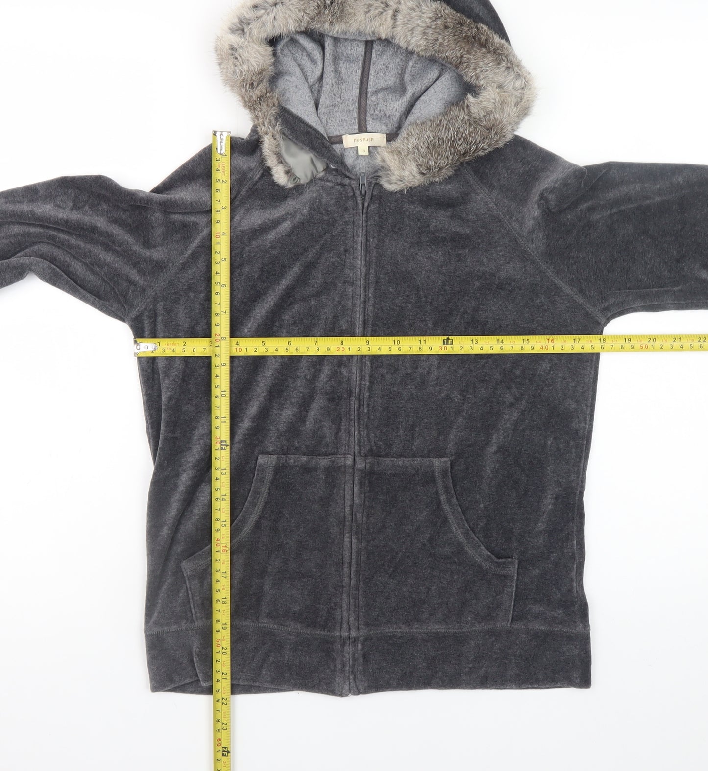 HushHush Women Grey Faux Fur Trim Full Zip Velour Hoodie Size 10