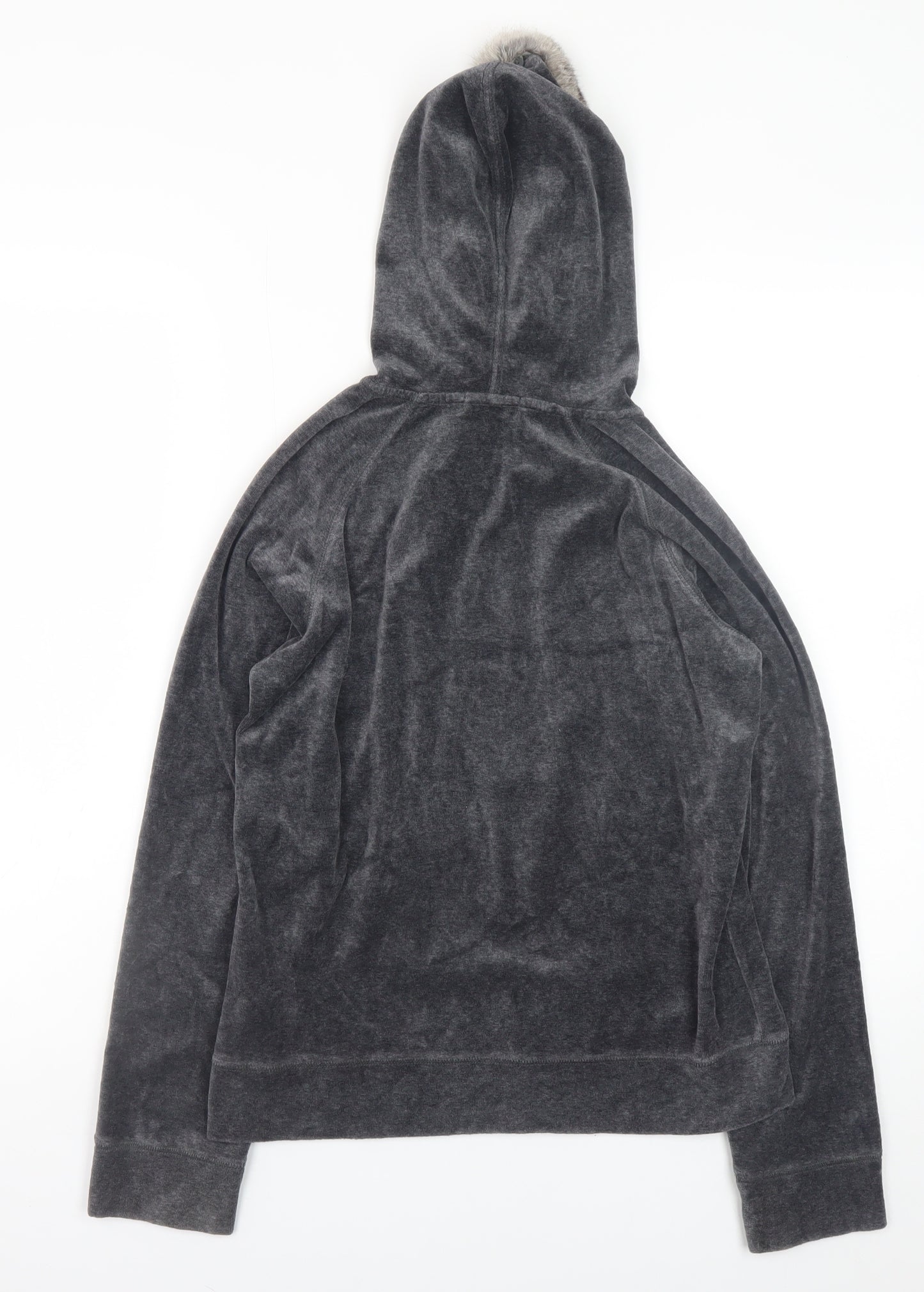 HushHush Women Grey Faux Fur Trim Full Zip Velour Hoodie Size 10