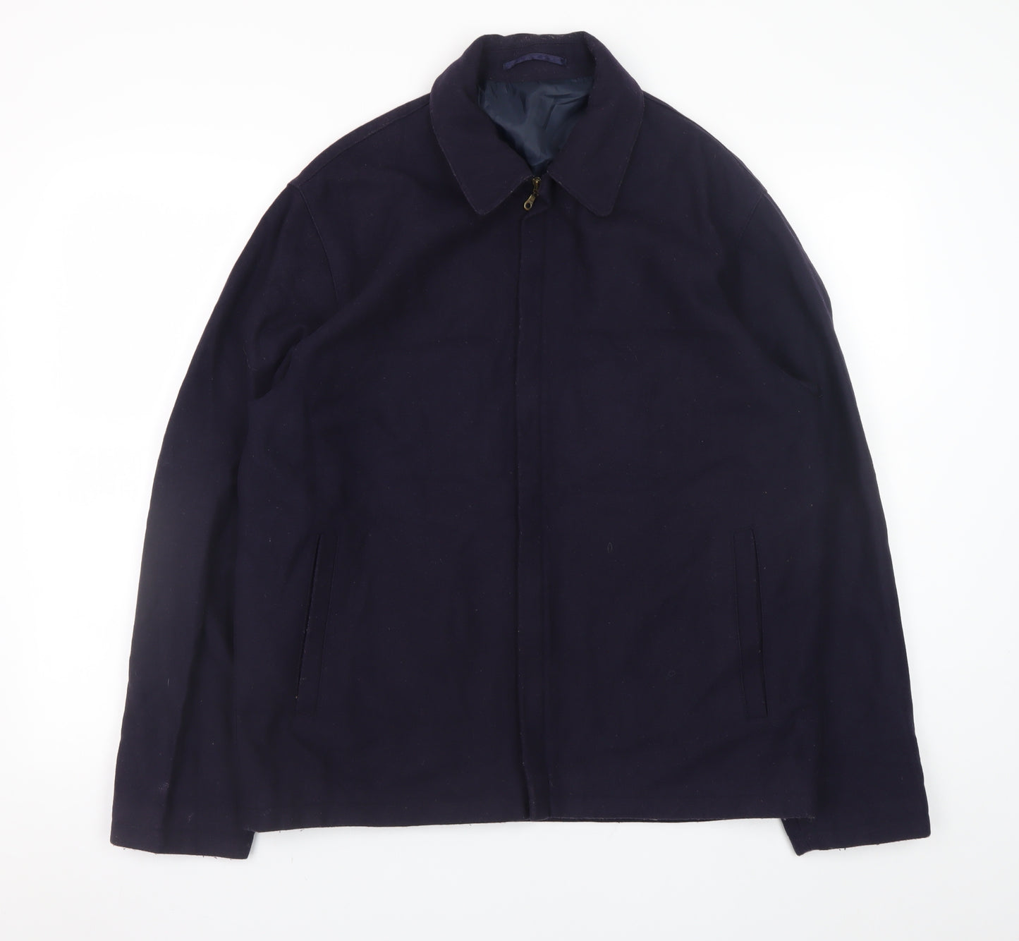 David Moss Men's Blue Wool Blend L Jacket Zip Up Mid-Length Casual Coat