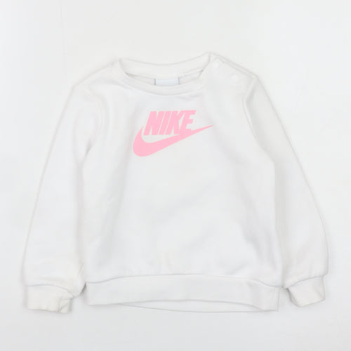Nike Girls White Pink Logo Pullover Sweatshirt 2 Years Fleece Cotton Blend