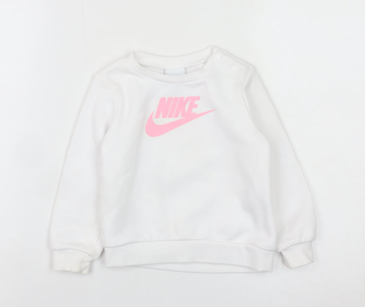 Nike Girls White Pink Logo Pullover Sweatshirt 2 Years Fleece Cotton Blend