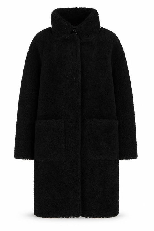 Front view of De la Crème Women's Black Long Fleece Overcoat, size 8