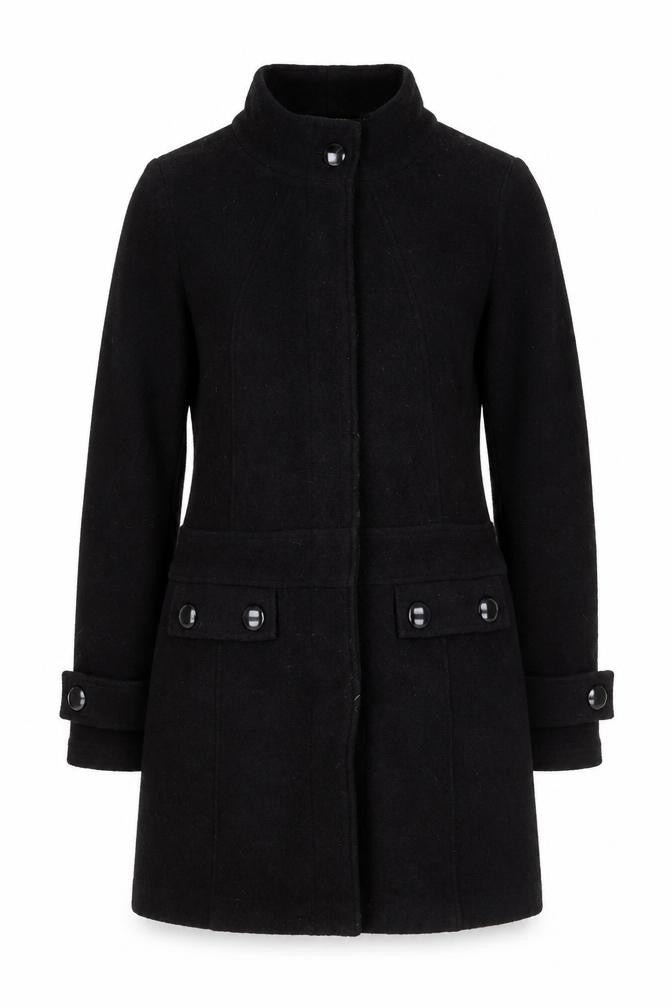 Front view of W. Lane Women's Black Wool Blend Mid-Length Coat, size 10
