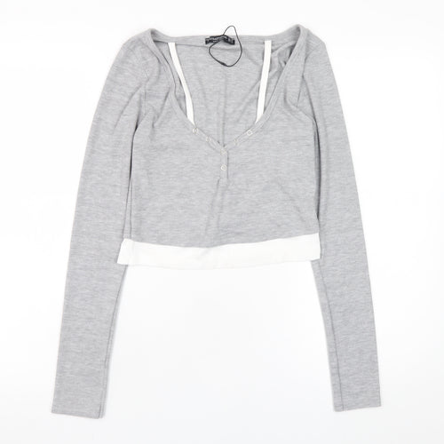 Stradivarius Women’s Grey Cropped Long Sleeve V-Neck Button T-Shirt Size 12