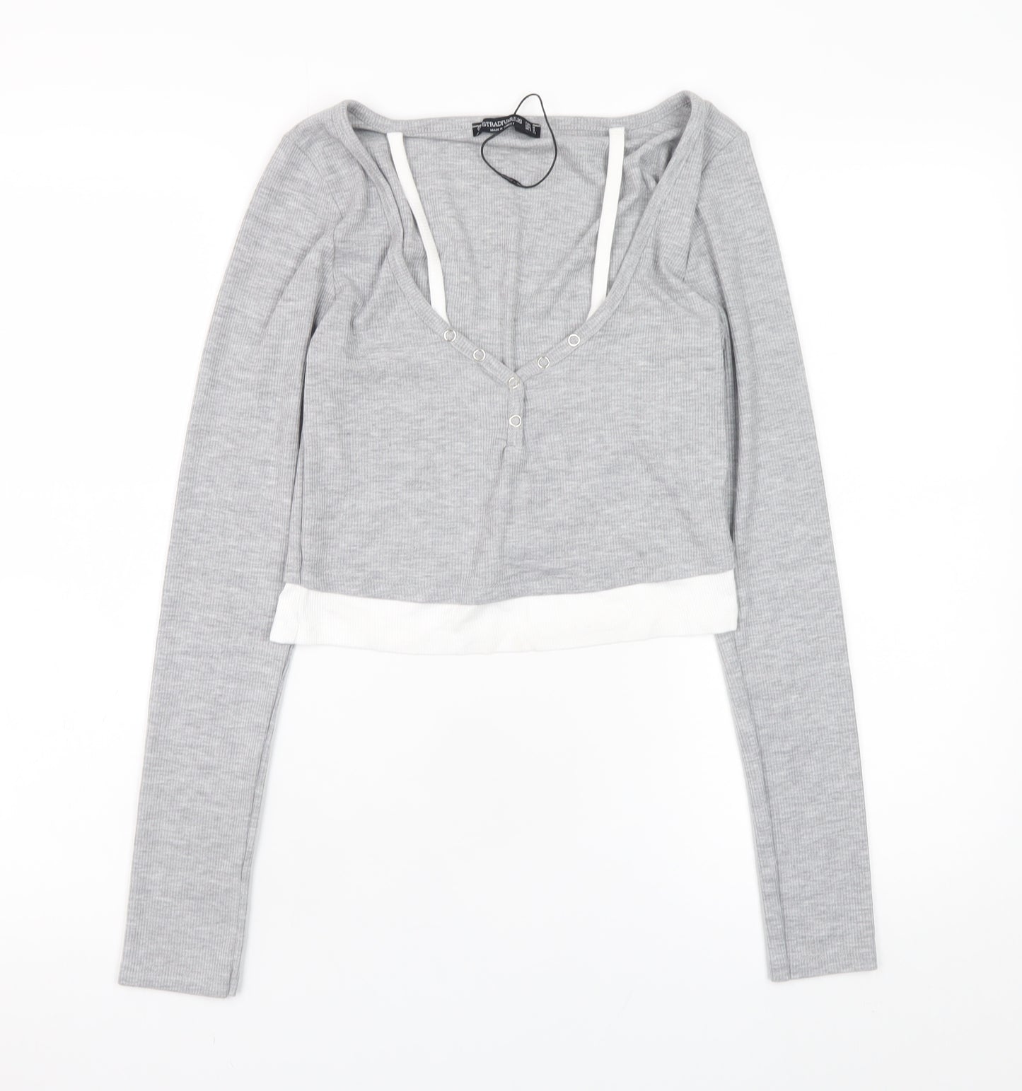 Stradivarius Women’s Grey Cropped Long Sleeve V-Neck Button T-Shirt Size 12