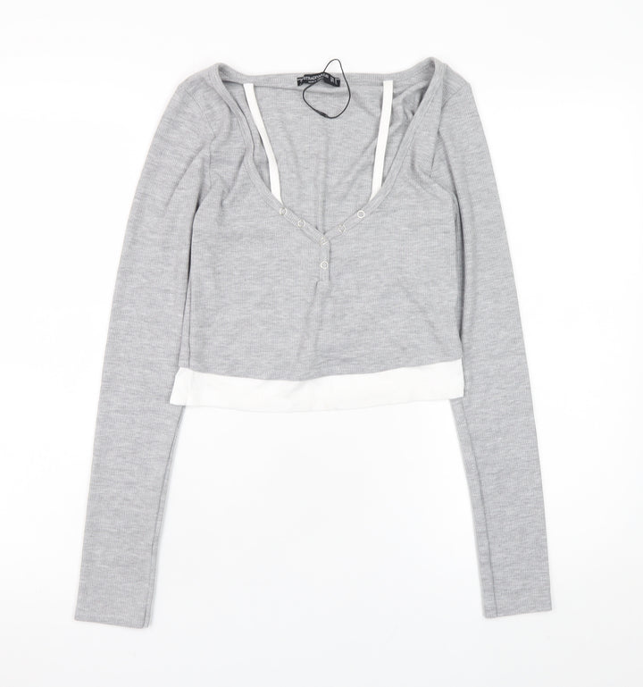 Stradivarius Women’s Grey Cropped Long Sleeve V-Neck Button T-Shirt Size 12