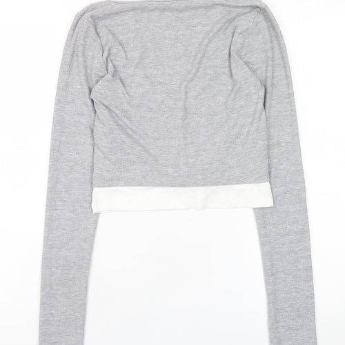 Stradivarius Women’s Grey Cropped Long Sleeve V-Neck Button T-Shirt Size 12