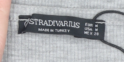 Stradivarius Women’s Grey Cropped Long Sleeve V-Neck Button T-Shirt Size 12